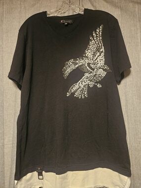 Ron Tomson Black V-Neck Tee with Silver Bird Graphic